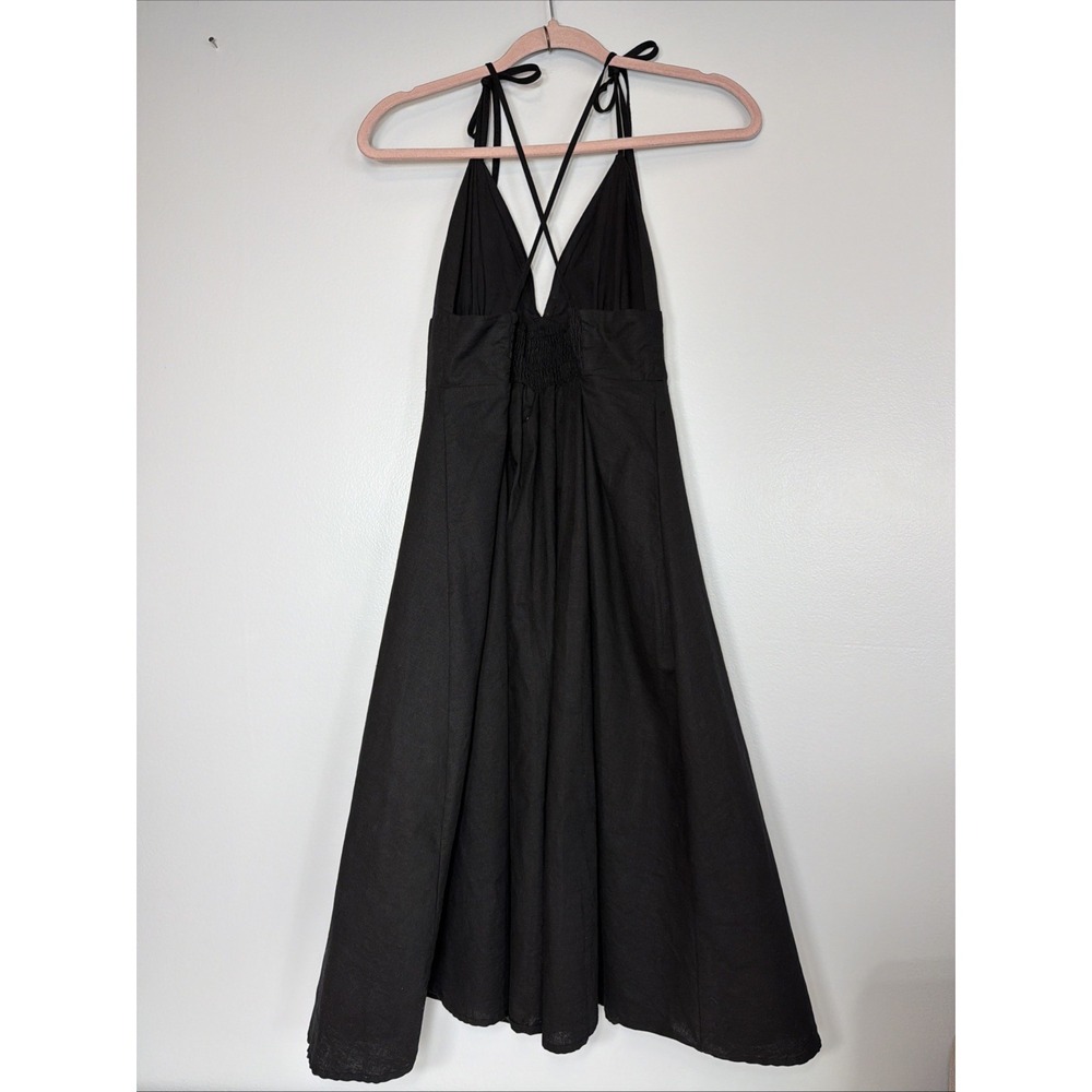Linen Blend Black Minimalist Midi Medium Tie Strap Lightweight Dress Lulus